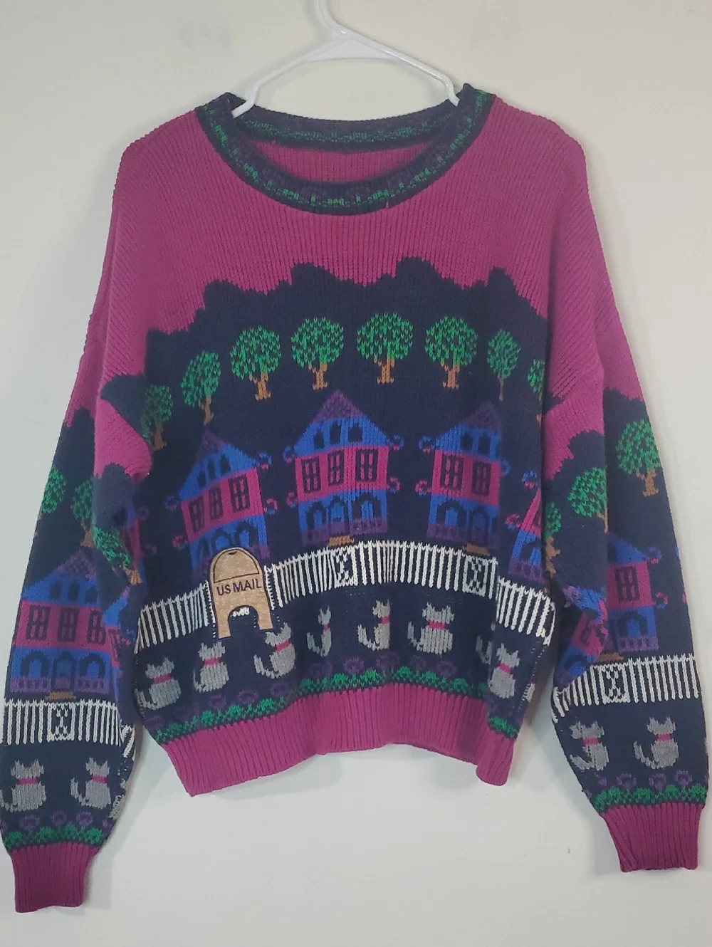 Vintage 80s Sutton Place Cats Village Motif Women’s Sweater Novelty - Picture 1 of 11